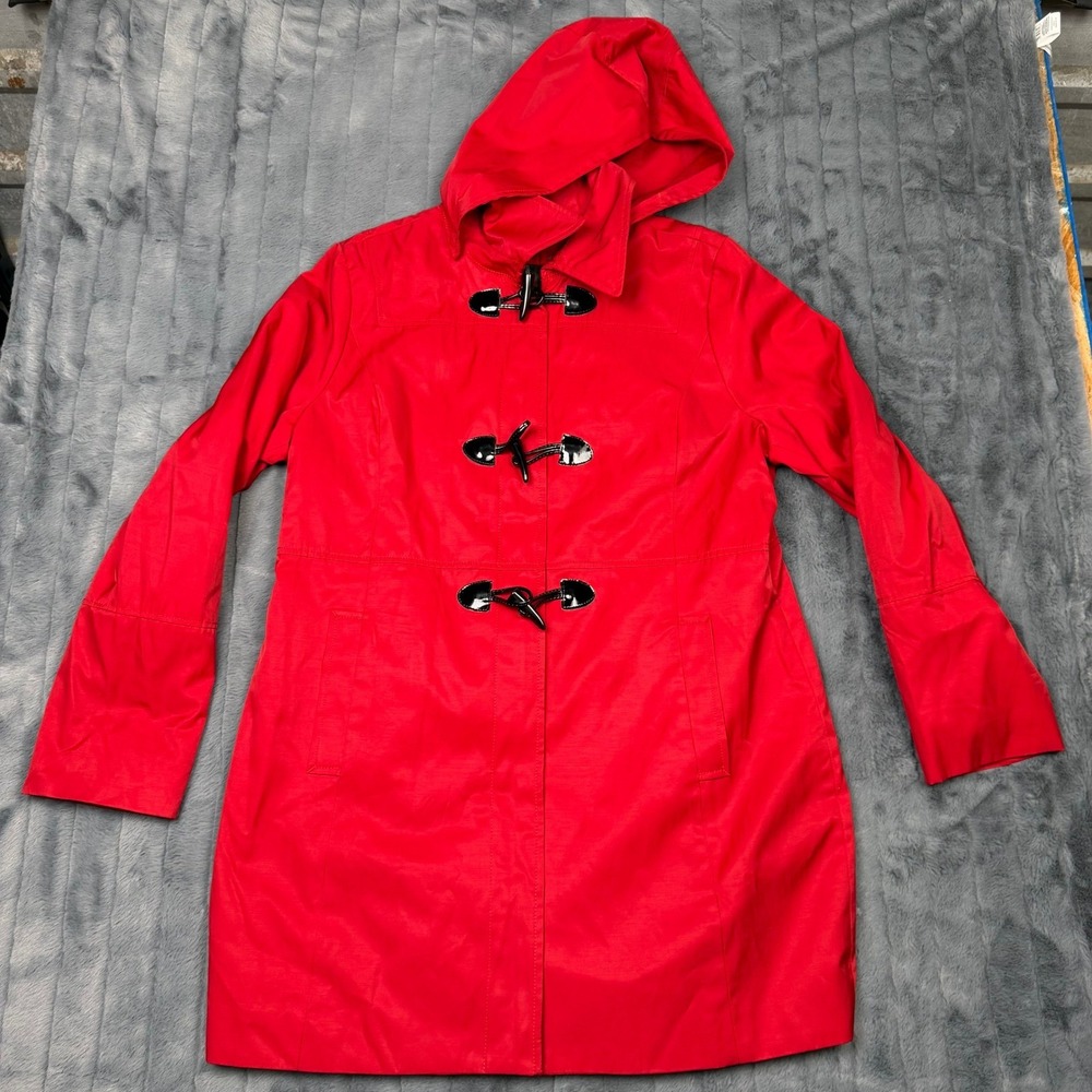 Nautica Womens Red Hooded Rain Coat Plaid Lined Toggle Front Jacket XL